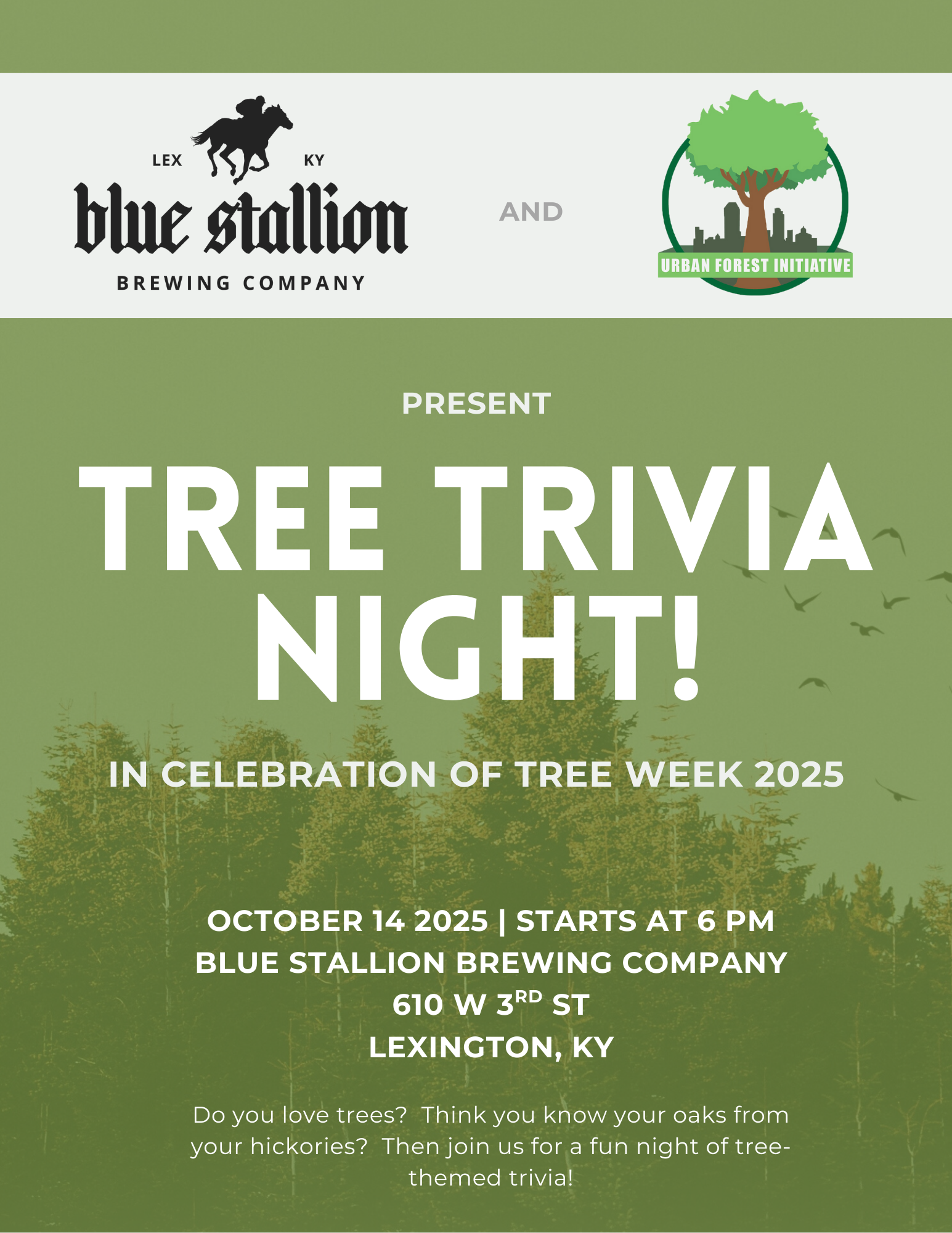 Flyer for Tree Trivia @ Blue Stallion Brewing